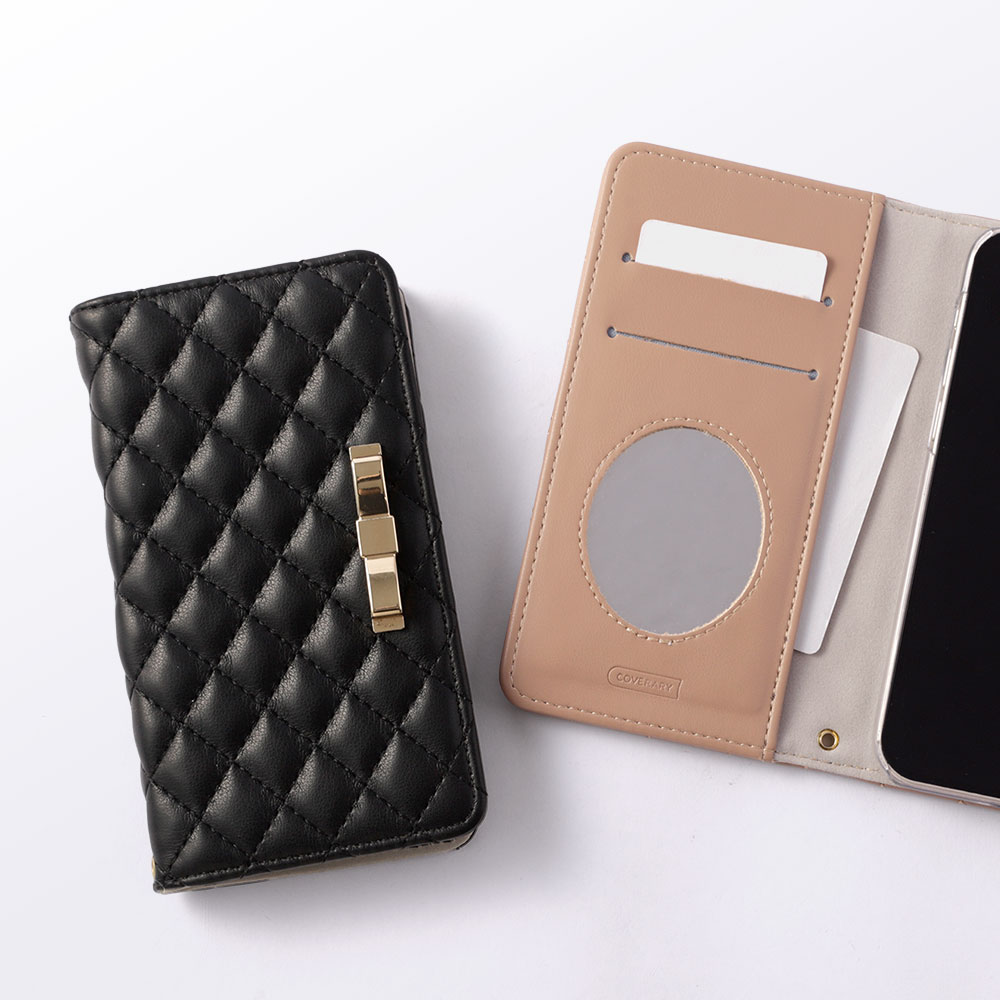 スマホケース 手帳型 キルティング リボン ベルトなし マグネットなし ミラー付き 鏡付き リボン ゴールド ワンポイント