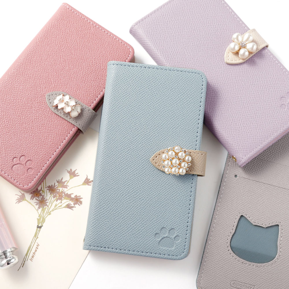 スマホケース 手帳型 サフィアーノレザー調 バイカラー 猫 ベルトあり スタンド ラインストーン パール 