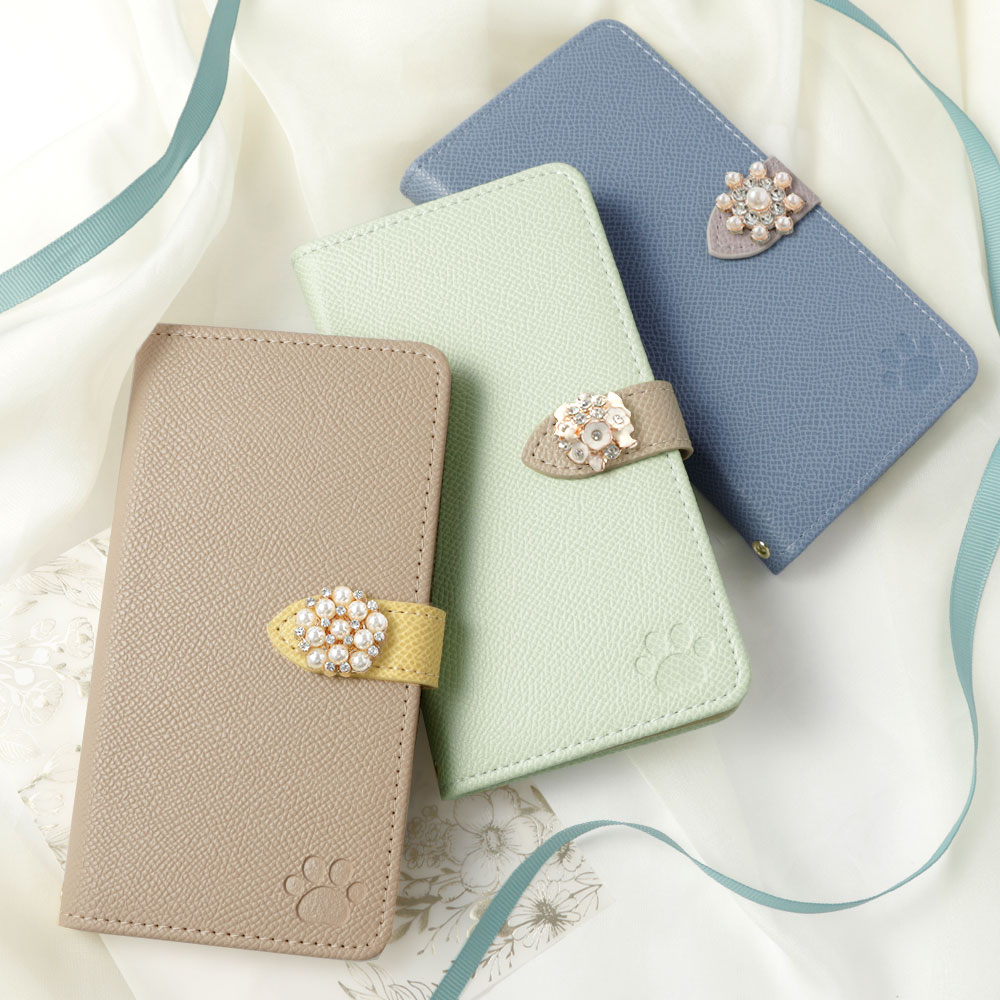 スマホケース 手帳型 サフィアーノレザー調 バイカラー 猫 ベルトあり スタンド ラインストーン パール 