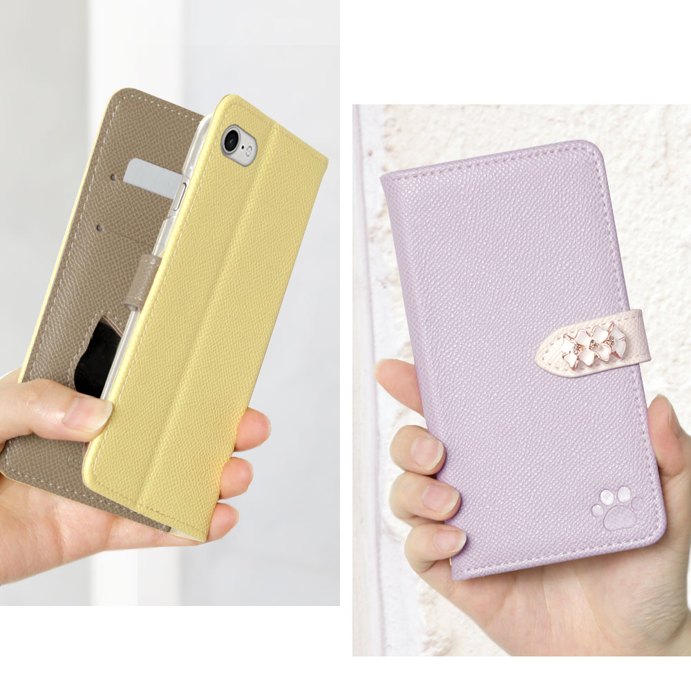 スマホケース 手帳型 サフィアーノレザー調 バイカラー 猫 ベルトあり スタンド ラインストーン パール 