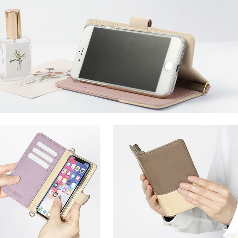 スマホケース 手帳型 バイカラー ベルトあり マグネットあり スタンド プレーン