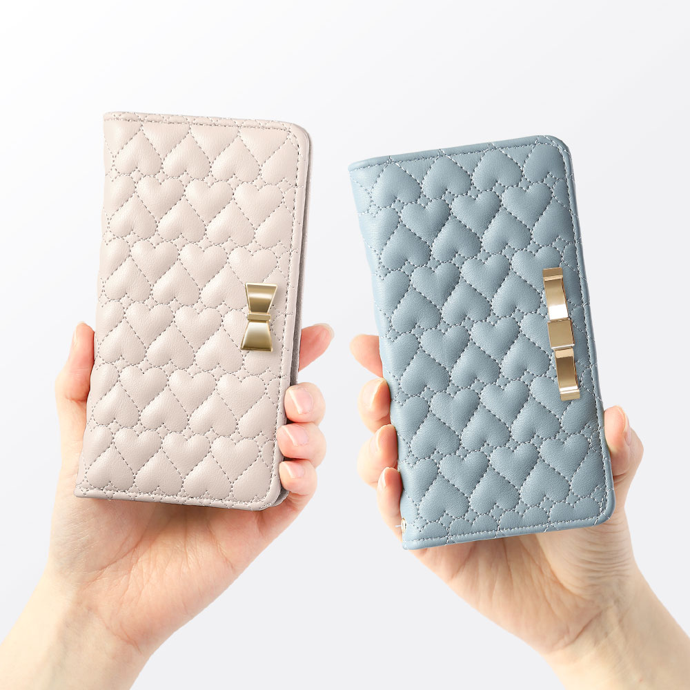スマホケース 手帳型 キルティング ハート マグネットなし プレーン 