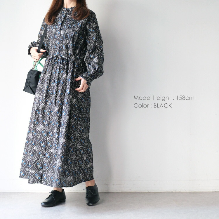 sosotto（ソソット） 格子花柄ピンタックウエストドロストワンピース
