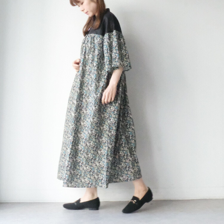 未使用【sosotto×LIBERTY】タナローン ウエストドロストワンピース sosotto（ソソット） リバティタナローン×無地 ギャザーワンピース 6分