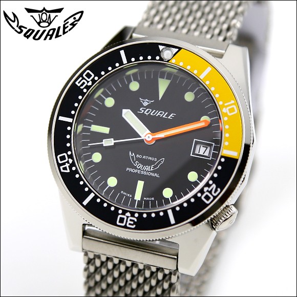 時計 腕時計 SQUALE スクワーレ PROFESSIONALプロフェッショナルブラック×イエロー1521-026ダイバーズ 500ｍ防水 自動巻き  メンズ 腕時計