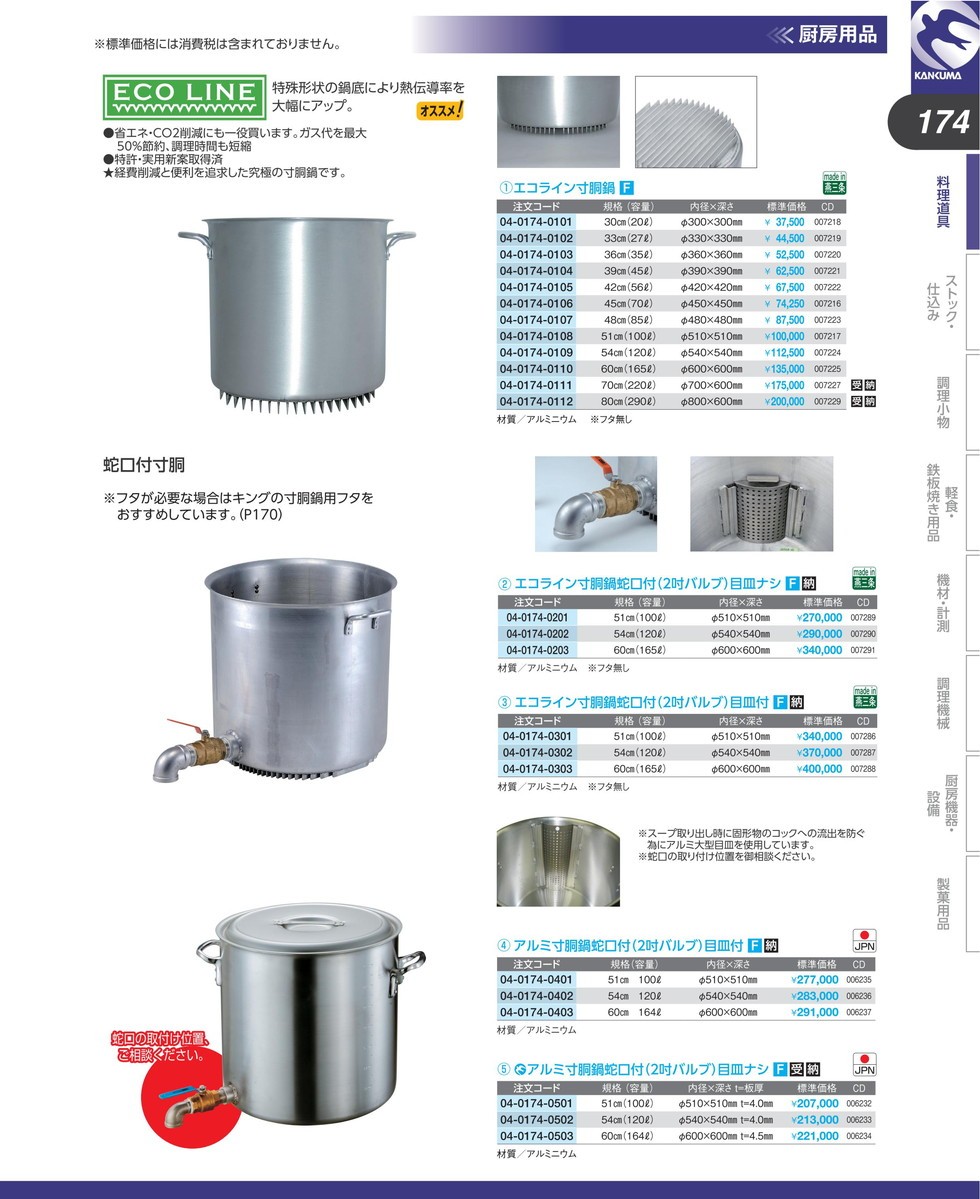 タイムセール！】 エコライン 寸胴鍋 蓋無し 51cm 100L N 業務用 寸胴