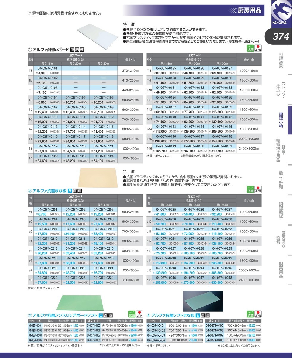 まな板 業務用 プラスチック アルファ 抗菌 α5 40mm (運賃別途） (N)