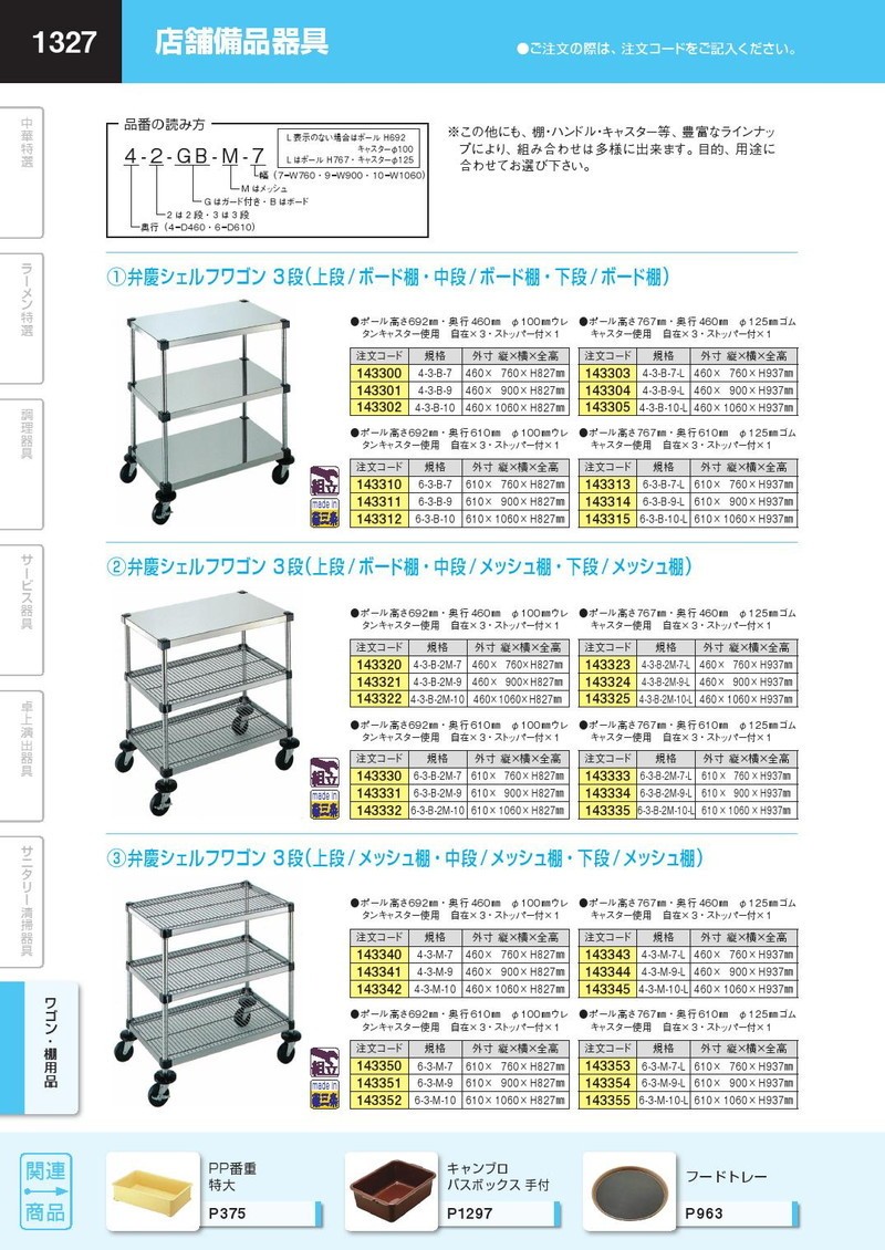 弁慶シェルフワゴン 3段（上段 ボード棚・中段 ボード棚・下段 ボード