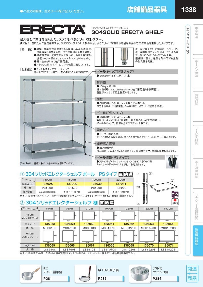 18-8（ステンレス） ソリッドエレクターシェルフ ５段 ＰＳ１３９０×ＭＳＳ６１０Ｓ