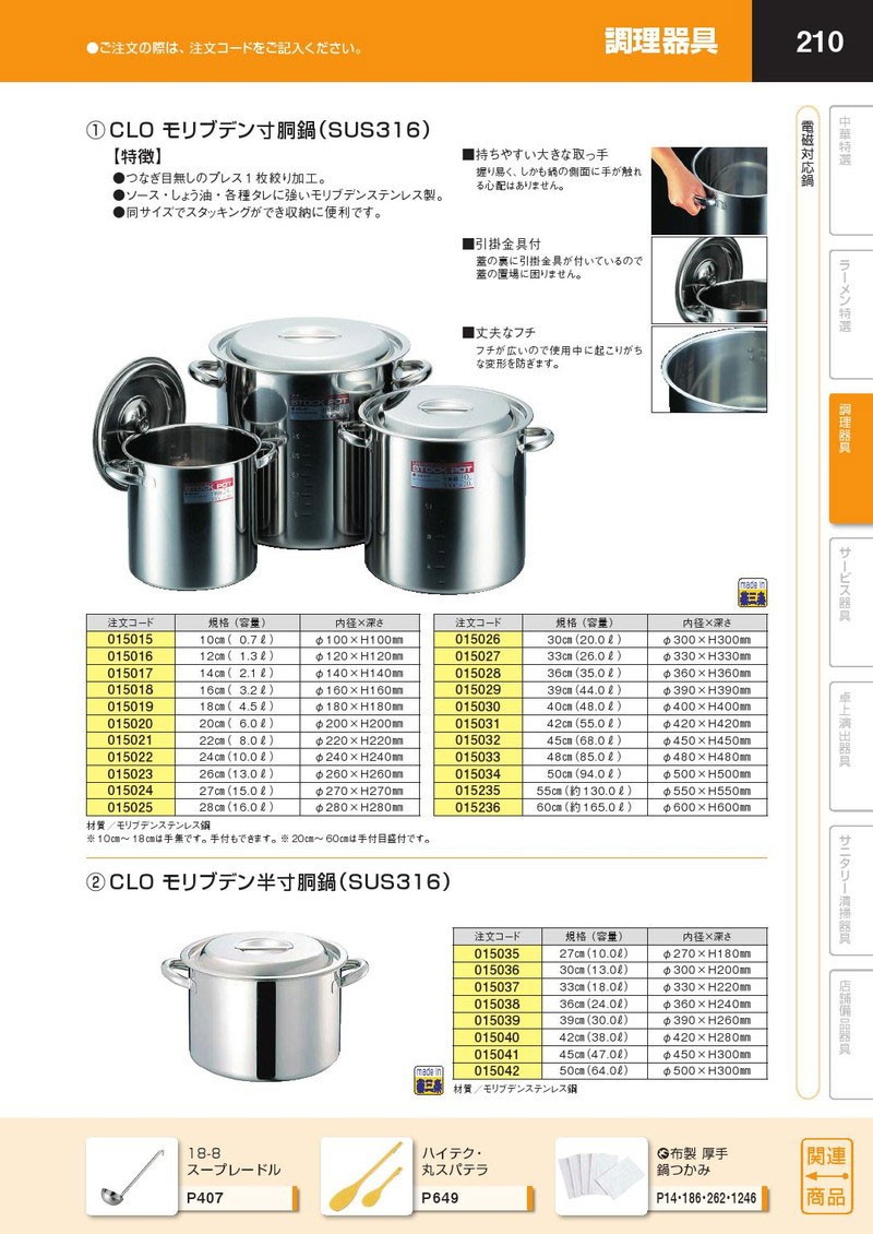 CLO モリブデン寸胴鍋 60cm 165L 手付目盛付（takumi） : k-015236