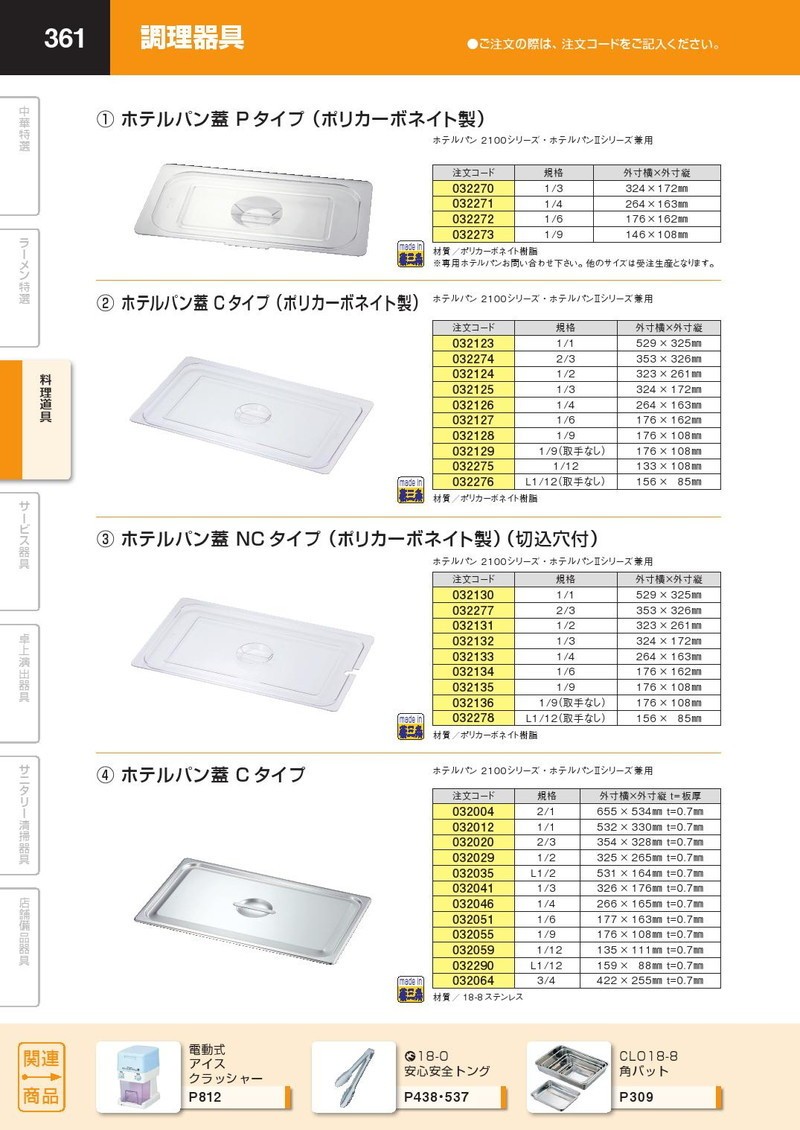 KO ホテルパン PC製 蓋 NC(切込穴付) 1/9取手無（takumi） : 業務用