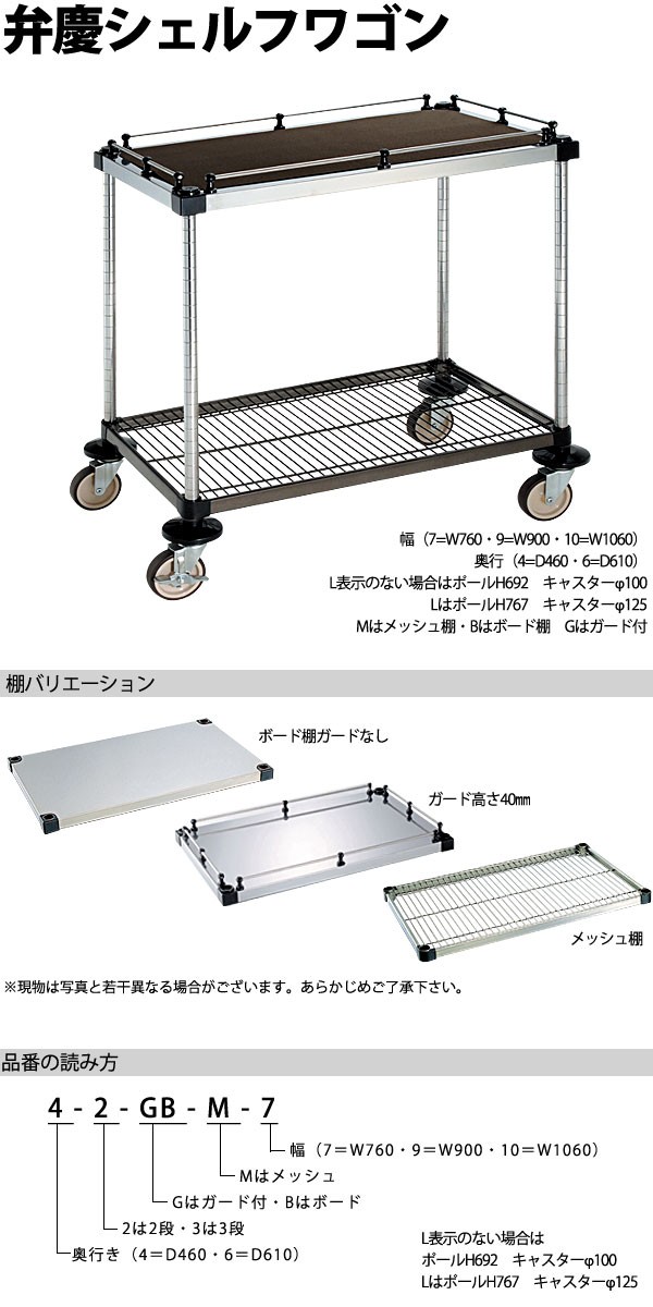 メーカー直売】弁慶シェルフワゴン 3段（上段 メッシュ棚・中段