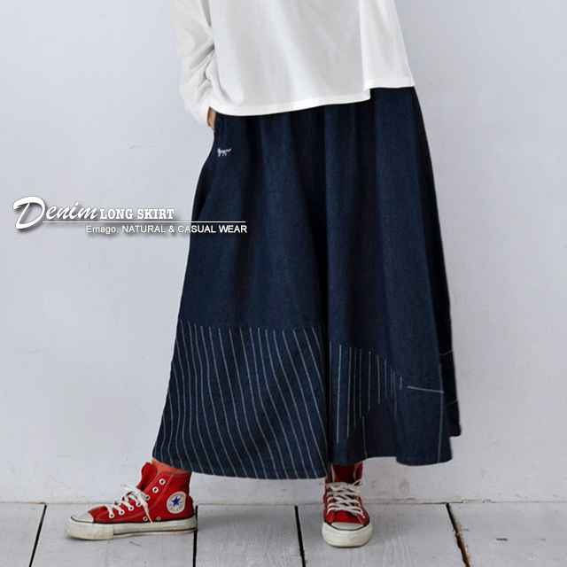 《30％OFFセール》ロングスカート ロンスカ 8oz デニム 体型カバー ゆったり 大人カワイイ 狐 北欧 イマゴ Emago.キツネ刺繍デニム ロングスカート | Emago | 02