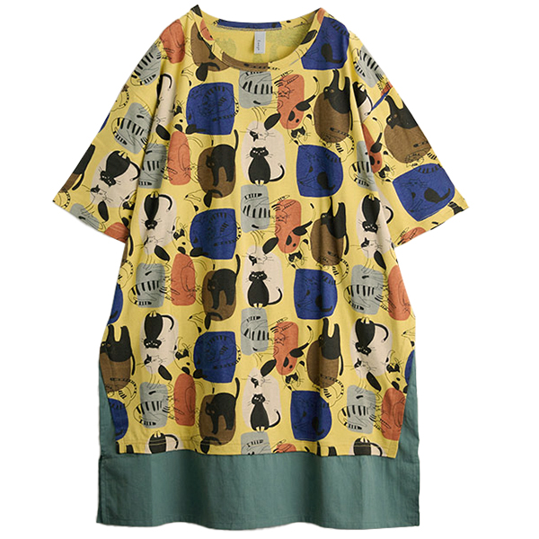 新品 クニオサトウ チュニック ワンピース 猫 ネコ ねこプリント 七分袖 M 猫シャツ（ワンピース、チュニック） | ファッション のおすすめ