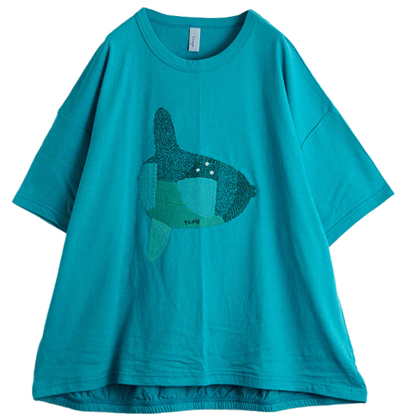 《30％OFFセール》Tシャツ ビッグTレディース チュニック ゆったり コットン リネン 体型カバー 北欧 イマゴ Emago マンボウ刺繍＆裾バルーン 綿麻5分袖Tシャツ
