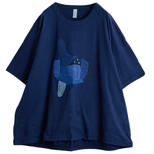 《30％OFFセール》Tシャツ ビッグTレディース チュニック ゆったり コットン リネン 体型カバー 北欧 イマゴ Emago マンボウ刺繍＆裾バルーン 綿麻5分袖Tシャツ