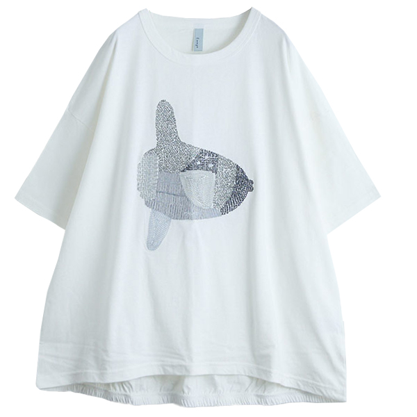 《30％OFFセール》Tシャツ ビッグTレディース チュニック ゆったり コットン リネン 体型カバー 北欧 イマゴ Emago マンボウ刺繍＆裾バルーン 綿麻5分袖Tシャツ