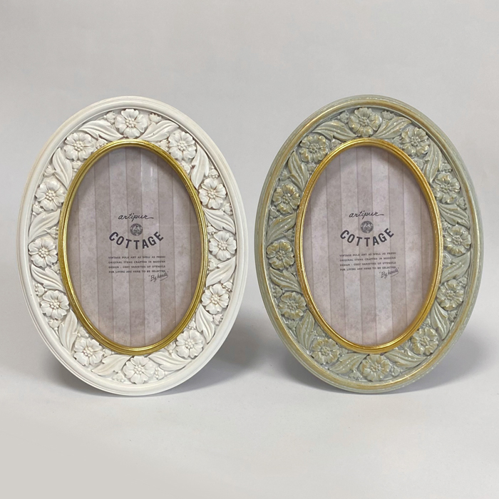 アンティーク フォトフレーム オーバル リース グレー 壁掛け 写真立て