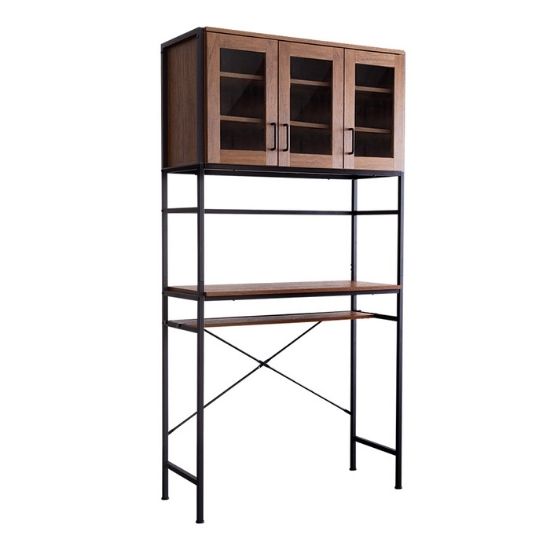 木目調 ゴミ箱上 レンジラック ワイド 食器棚付き 幅93.5cm レンジ台