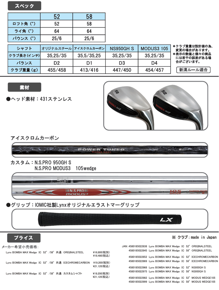 BOMBA Lynx リンクス MAX ボンバ マックス ウェッジ カスタムシャフト