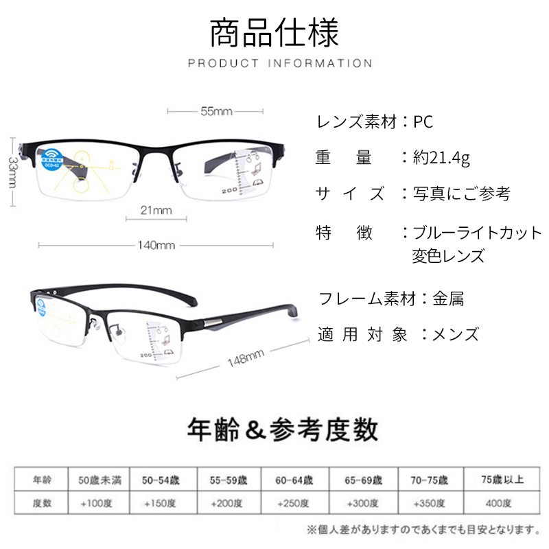 老眼鏡 遠近両用 変色 メガネ ブルーライトカット機能搭載 pcメガネ 紫外線カット 多機能 パソコン用メガネ 輻射防止 プレゼント おしゃれ 変色レンズ  通販