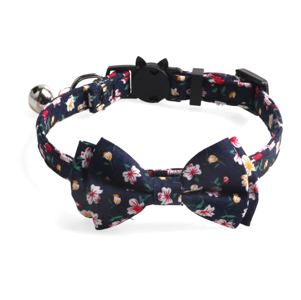 シングルリボン、フラワー柄(ブラック)わんちゃん猫ちゃん用首輪 リボン 花柄 フラワー 猫用首輪猫 首輪 リボン 花柄 パステル 安全