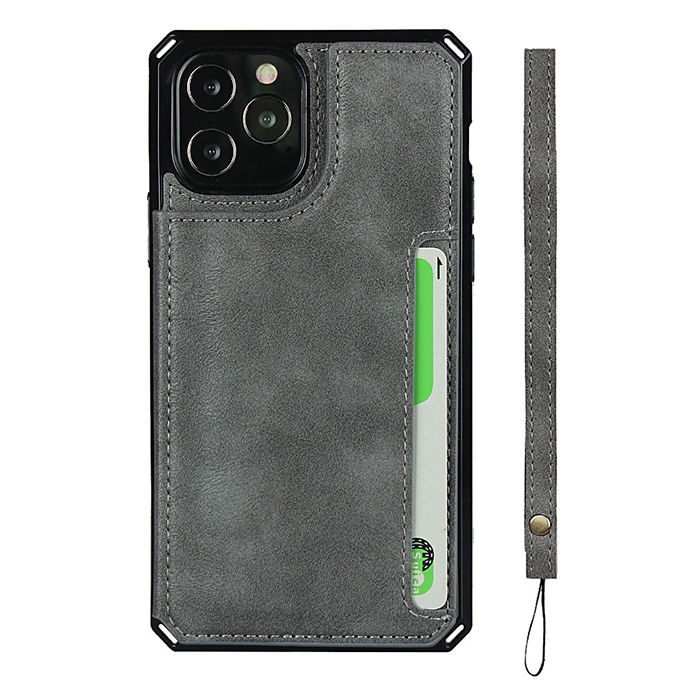 iPhone カバー　カードケース付き　グレー iPhone13 iPhone12 ケース カード収納 ストラップ付き レザー iPhone11