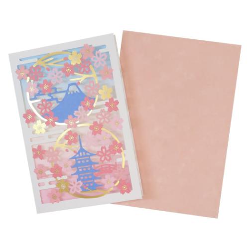 グリーティングカード 桜レーザーカットカード 富士山と五重塔