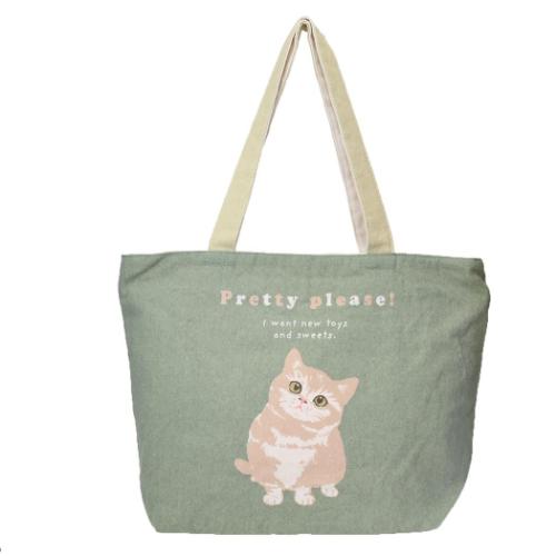 トートバッグ ファスナー付き横型トートバッグ ねこ マッシュおねだり GR ミントイン A4サイズ対応 手提げかばん
