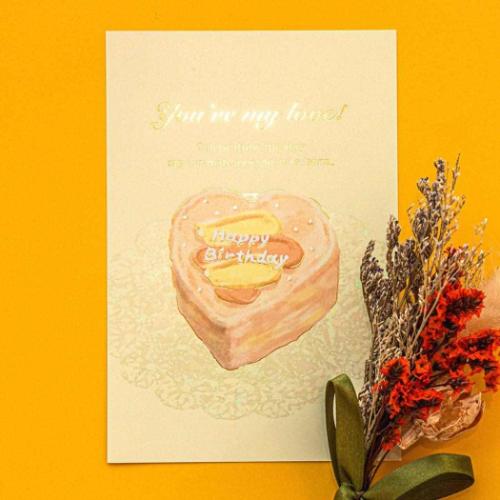 POSTCARD バースデーカード 1枚入り ROKKAKU Birthday Card ケーキ イエロー フタバ 箔押し 誕生日 メッセージカード