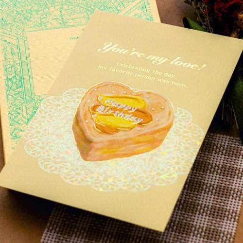 POSTCARD バースデーカード 1枚入り ROKKAKU Birthday Card ケーキ イエロー フタバ 箔押し 誕生日 メッセージカード