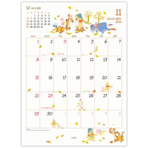 くまのプーさん 二つ折りカレンダー大 壁掛けカレンダー2026年