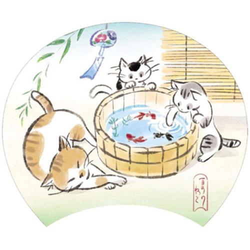 グリーティングカード シヨチユウJSP 81-5 サマー ネコと金魚うちわ サンリオ 暑中お見舞い
