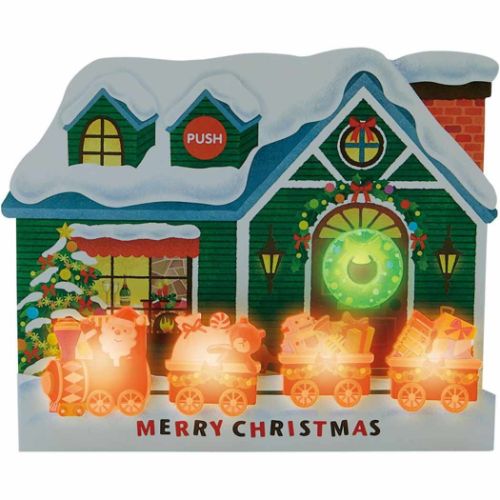 グリーティングカード CHRISTMAS メロディ JXPM28-3 クリスマスカード 立体 家の前に立体機関車 サンリオ｜cinemacollection