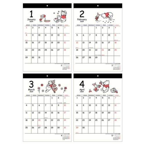 くまのプーさん 壁掛けカレンダー2024年 ウォールカレンダー 2024Calendar シンプル スケジュール ディズニー インテリア 書き込み