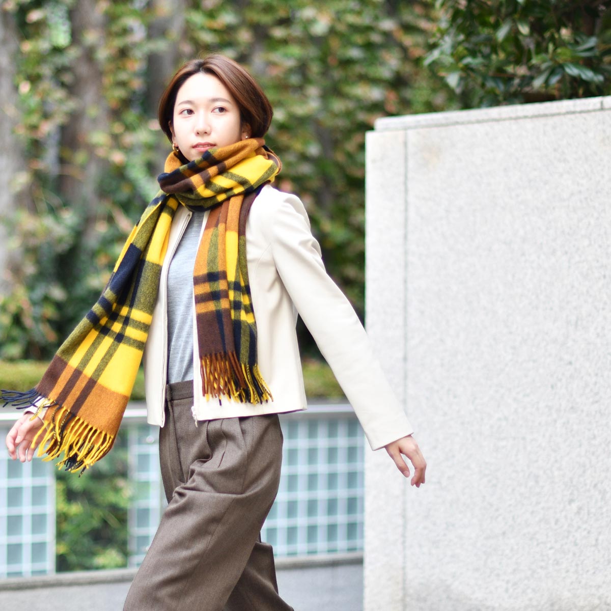 Joshua Ellis【ジョシュア エリス】大判カシミヤストール CPG50719 yellow×chatham navy×croket カシミヤ チェック イエロー
