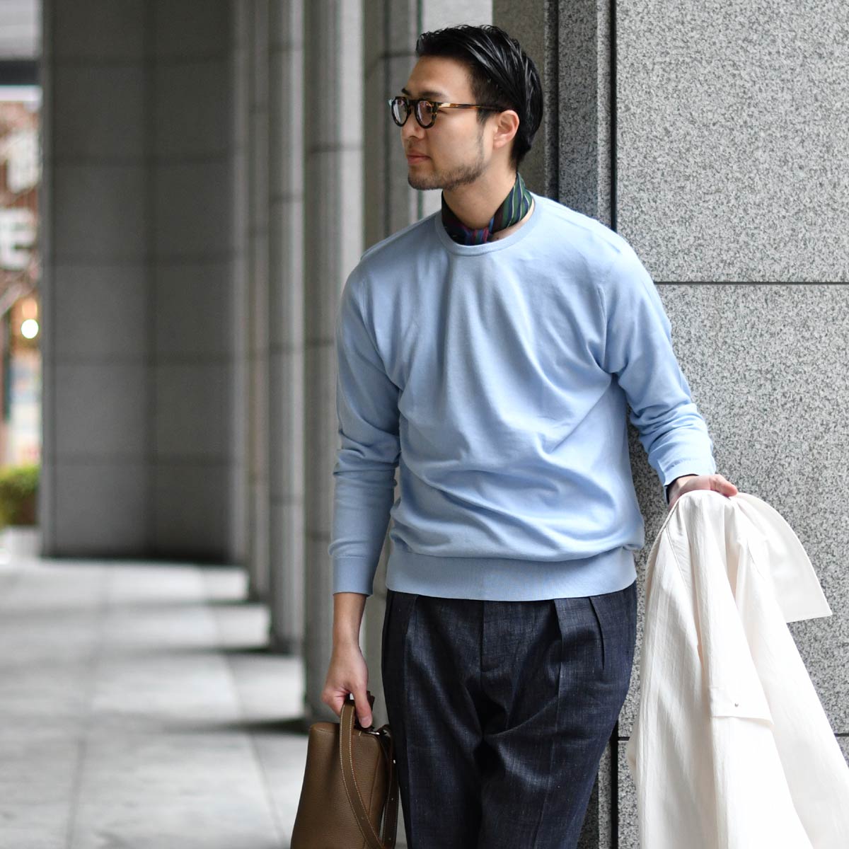 JOHN SMEDLEY【ジョンスメドレー】クルーネックニット MODERN FIT DAVID MIRAGE BLUE コットン サックスブルー