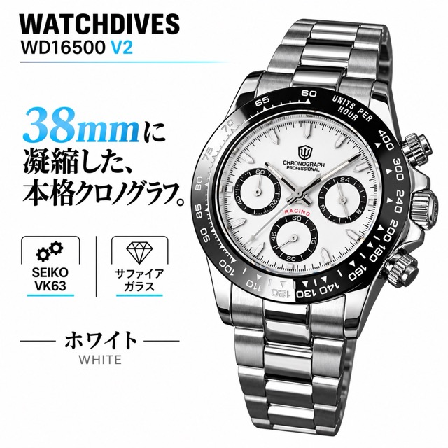 クロノグラフ メンズ腕時計 38mm WATCHDIVES WD16500 メカクォーツ