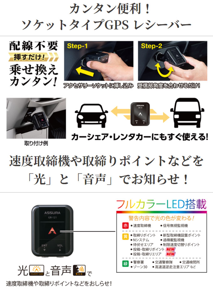 GPSレシーバー セルスター GR-121 ソケットタイプ レーダー探知機 日本製 3年保証 シガーソケットに挿すだけ 配線不要 簡単設置 土日祝日出荷