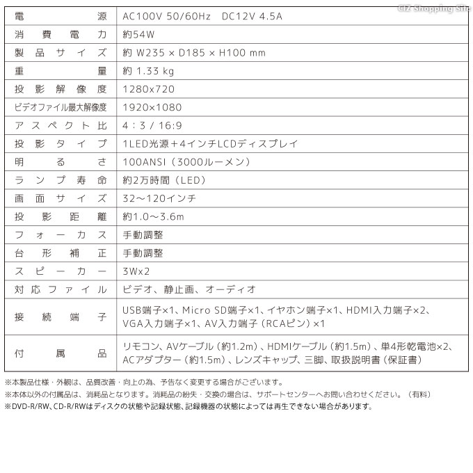 プロジェクター 小型 家庭用 DVD 一体型 内蔵 LED HDMI搭載 32〜120インチ 大画面 三脚付き ベルソス VS-MA001  土日祝日出荷 : vs-ma001 : シズショッピングプラス - 通販 - Yahoo!ショッピング