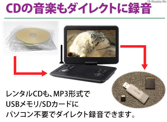 ポータブルDVDプレーヤー フルセグ テレビ録画機能付き 14.1インチ AC DC バッテリー内蔵 3電源対応 AFDV14R