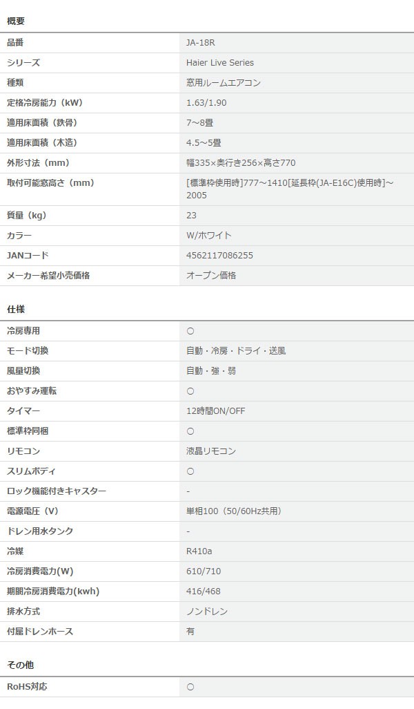 窓用エアコン 窓エアコン ウインドエアコン 7畳 〜 8畳用 ハイアール 冷房専用タイプ ホワイト JA-18R-W (送料無料＆お取寄せ) : ja- 18r-w : シズ ショッピングサイト ヤフー店 - 通販 - Yahoo!ショッピング