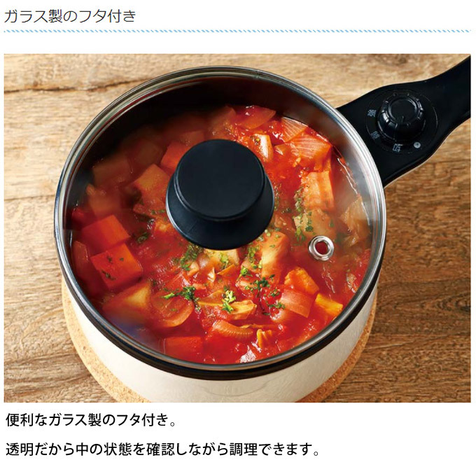 スープポット 1L 電気片手鍋 スープ鍋 電気調理器 1人〜2人用 ガラス 