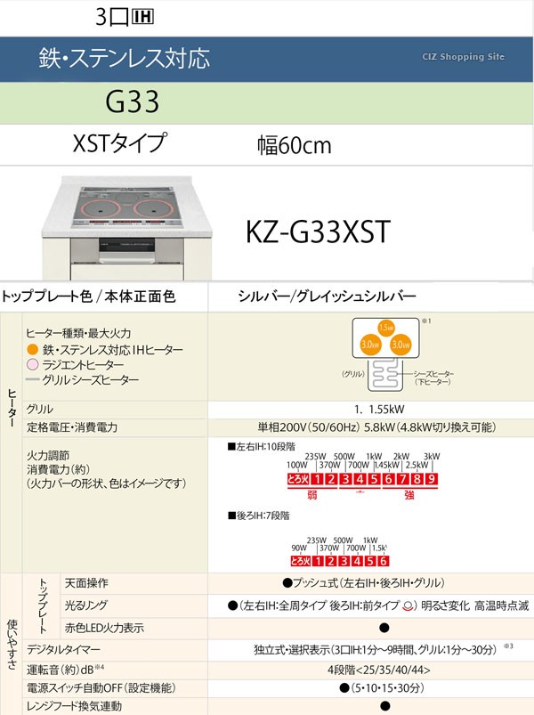 IHクッキングヒーター 3口 ビルトインタイプ パナソニック 水無し両面焼きグリル G33 XSTタイプ 幅60cm シルバー KZ-G33XST  (お取寄せ) :KZ-G33XST:シズ ショッピングサイト ヤフー店 - 通販 - Yahoo!ショッピング