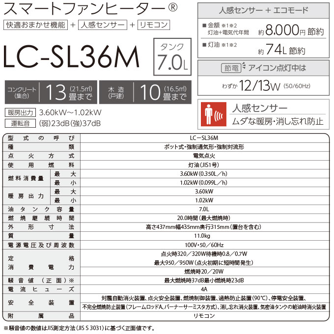 トヨトミ 石油ファンヒーター 人感センサー コンクリ13畳 木造10畳 7L