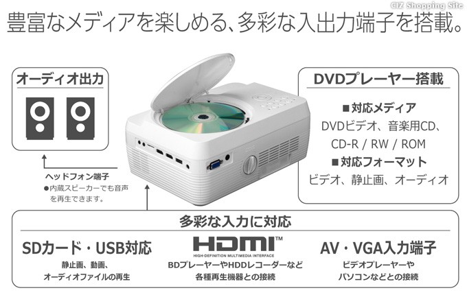 プロジェクター 小型 家庭用 DVD 一体型 HDMI対応 スマホ 30〜150