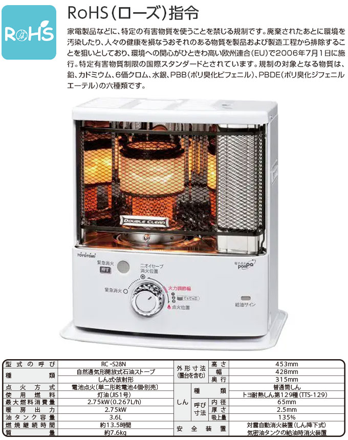 石油ストーブ トヨトミ 反射式 木造7畳 コンクリ10畳 3.6Lタンク ダブルクリーン RC-S28N ホワイト (メーカー直送)