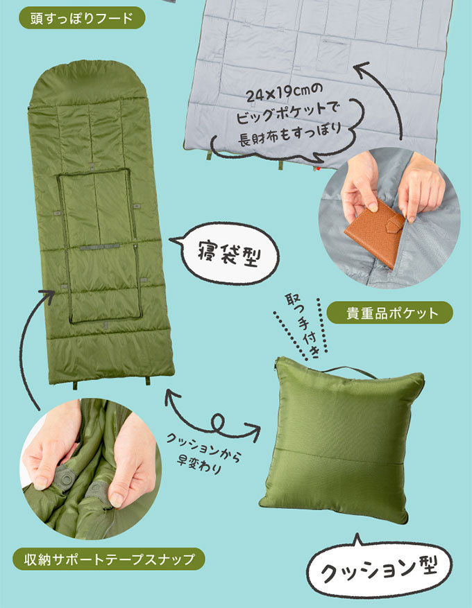 ソナエノ 寝袋 防災グッズ マミー型 枕付き シュラフ クッション型多
