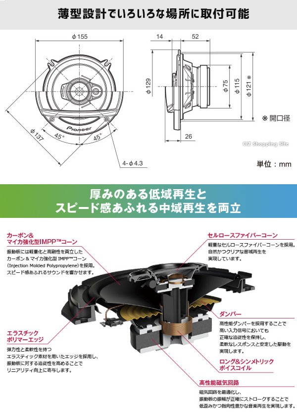 スピーカー 車 13cm コアキシャルスピーカー 高音質 パイオニア