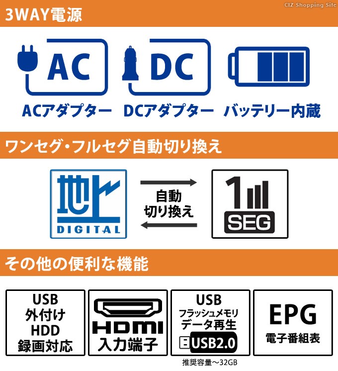 ポータブルテレビ フルセグ 車 12.1インチ HDMI搭載 録画機能 ミラーリング テレビ モニター AC DC バッテリー内蔵 3電源  VS-S121MR